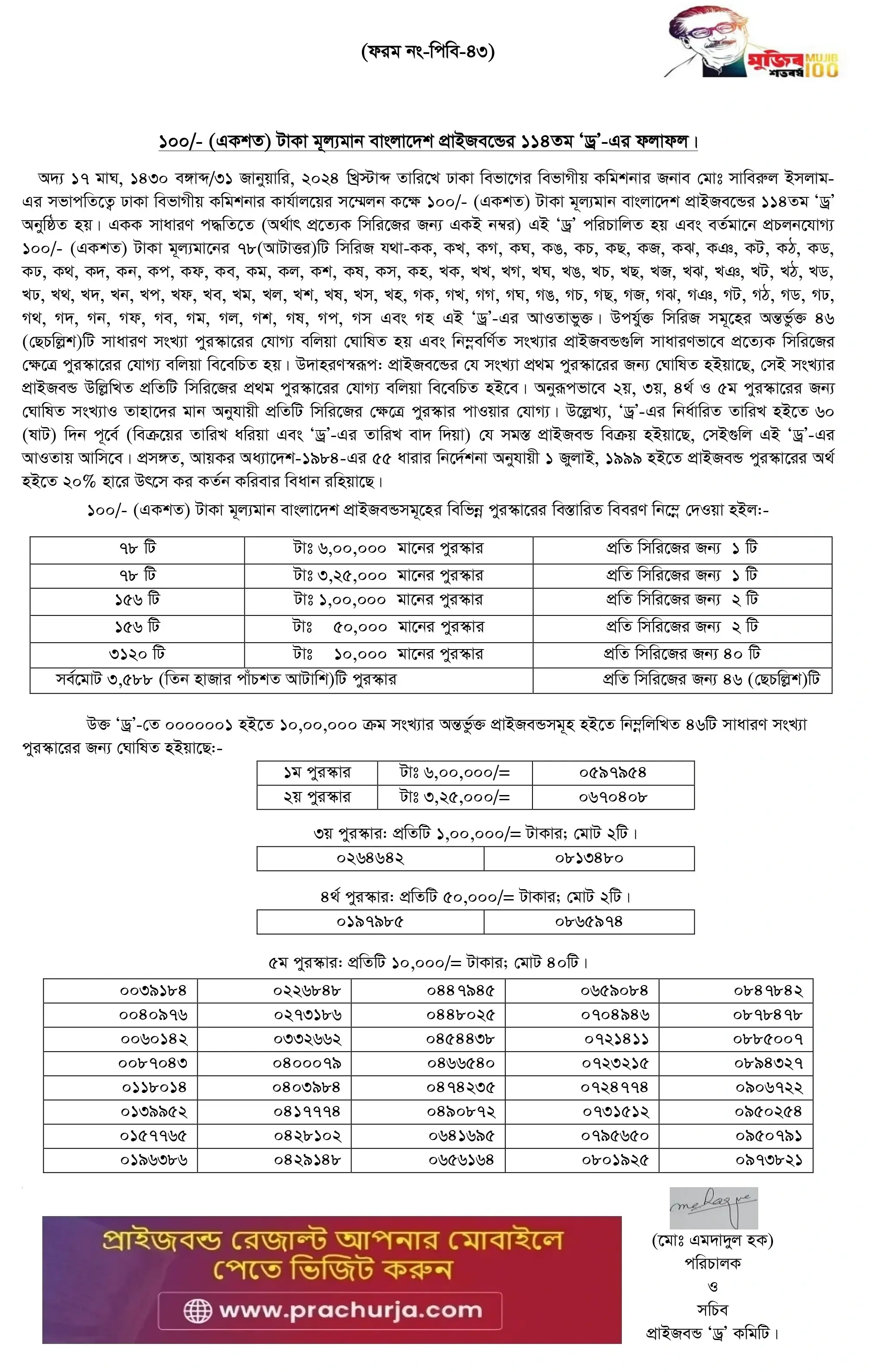 114th Prize Bond Draw Result winners Winner's of 114th Draw