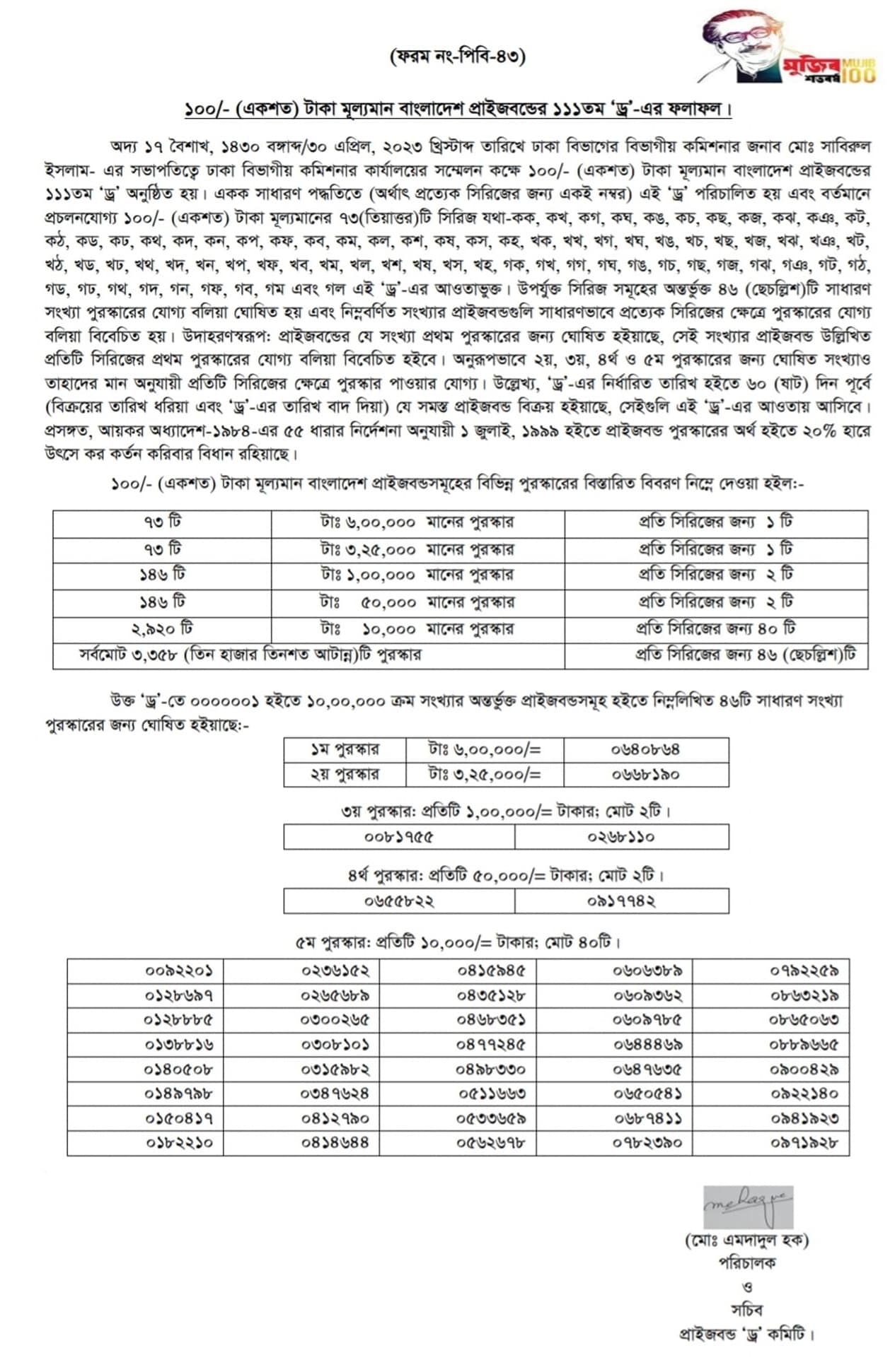 111th Prize Bond Draw Result Prize Bond Draw 2023, 111th
