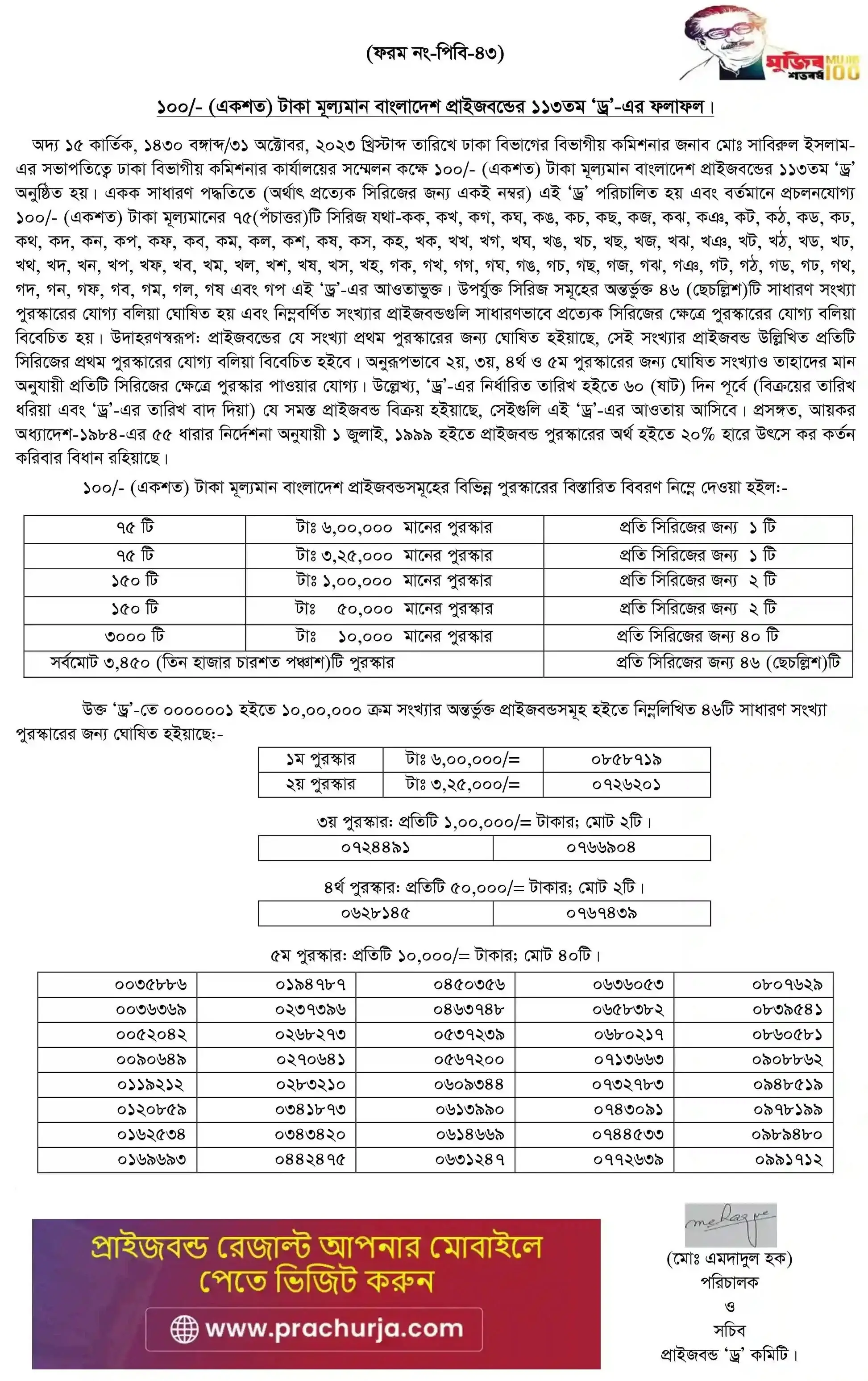 113th Prize Bond Draw Result Prize Bond Draw 2023, 113th